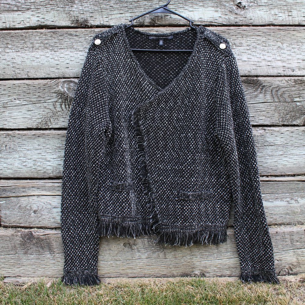 WHITE HOUSE BLACK MARKET KNIT FRINGED JACKET
